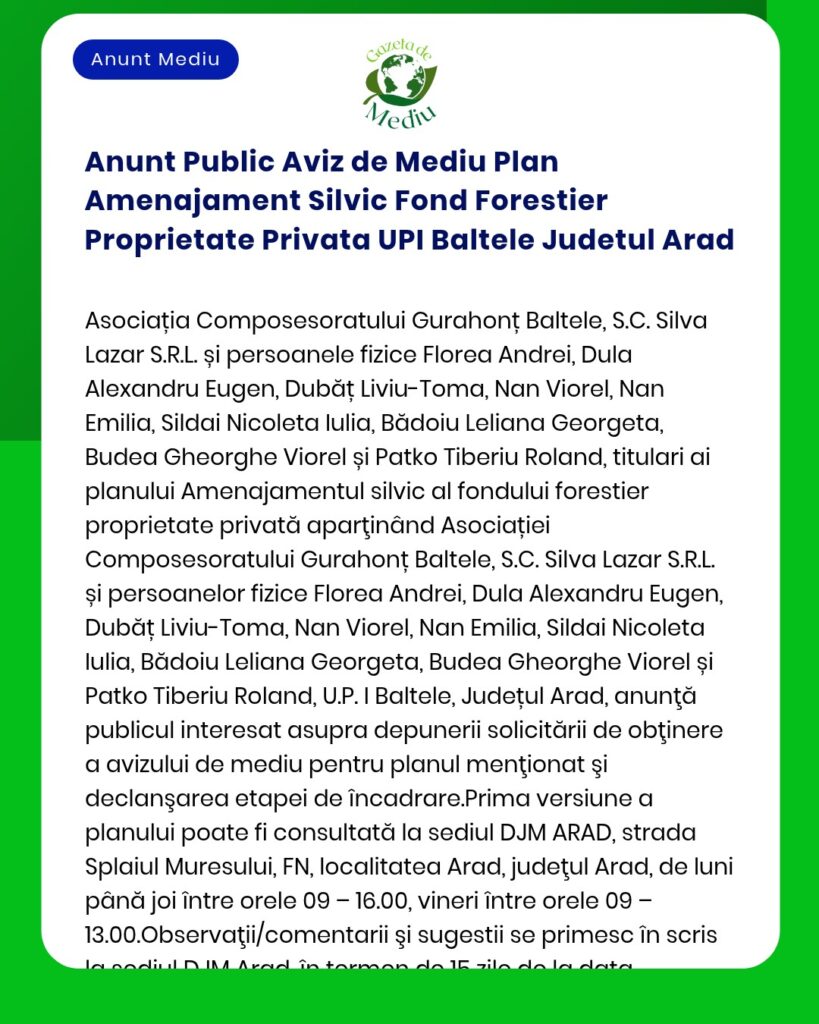 Anunt Public Aviz de Mediu Plan Amenajament Silvic Fond Forestier Prop