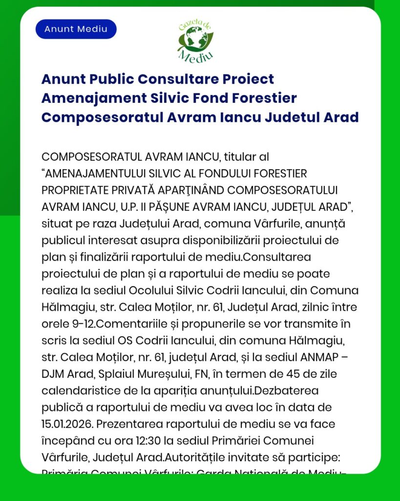 Anunt Public Consultare Proiect Amenajament Silvic Fond Forestier Comp