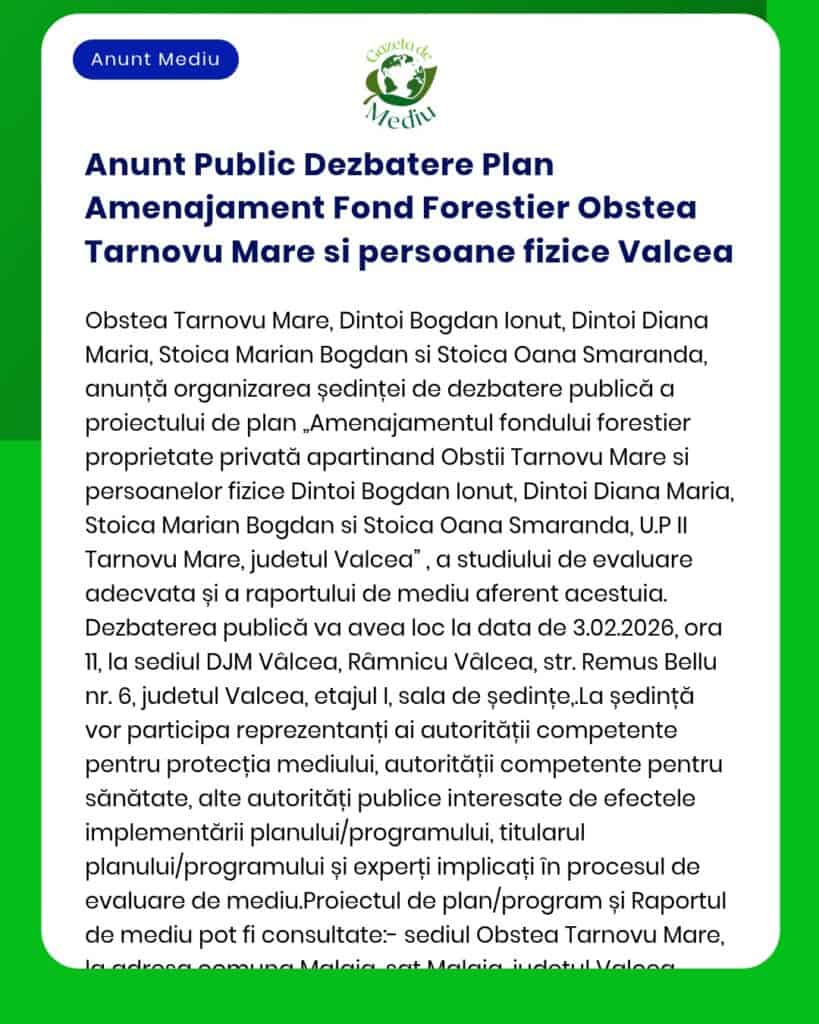 Anunt Public Dezbatere Plan Amenajament Fond Forestier Obstea Tarnovu