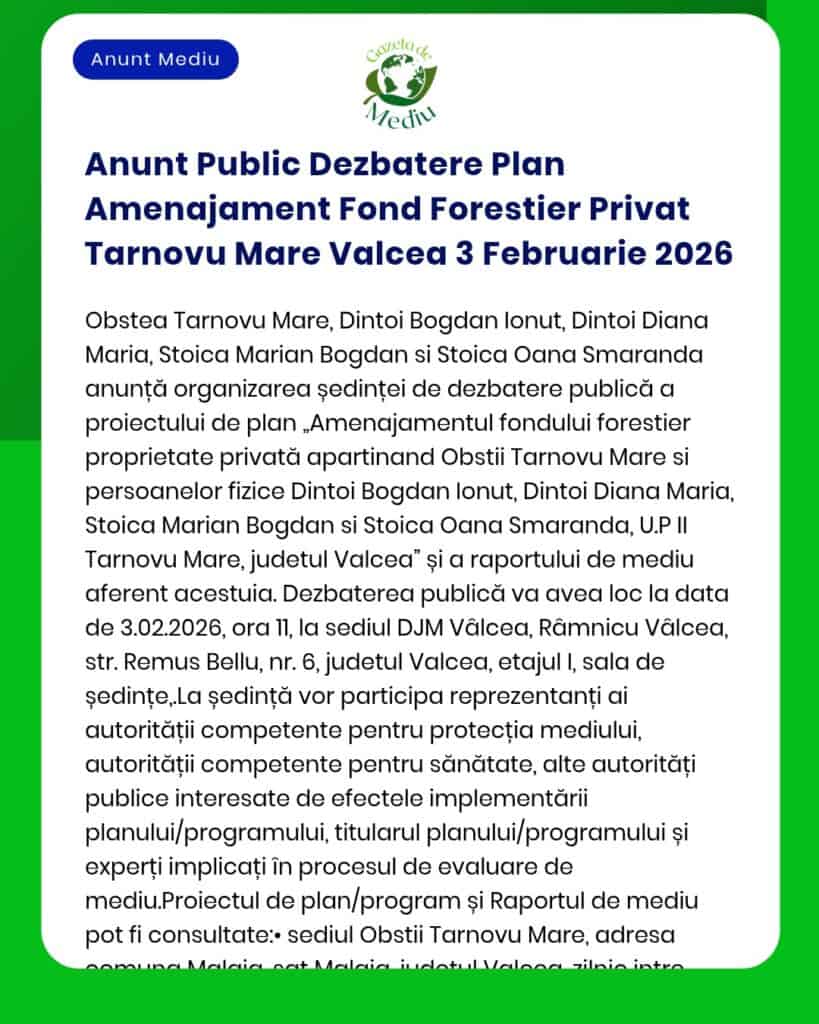Anunt Public Dezbatere Plan Amenajament Fond Forestier Privat Tarnovu