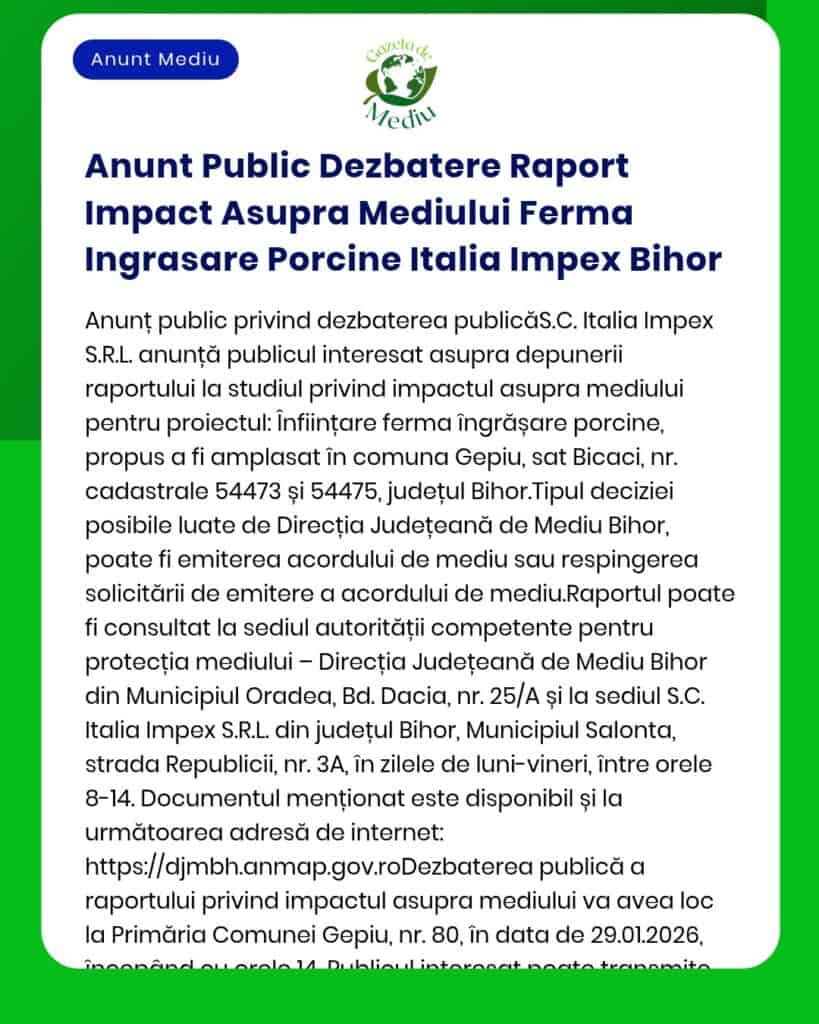 Anunt Public Dezbatere Raport Impact Asupra Mediului Ferma Ingrasare P