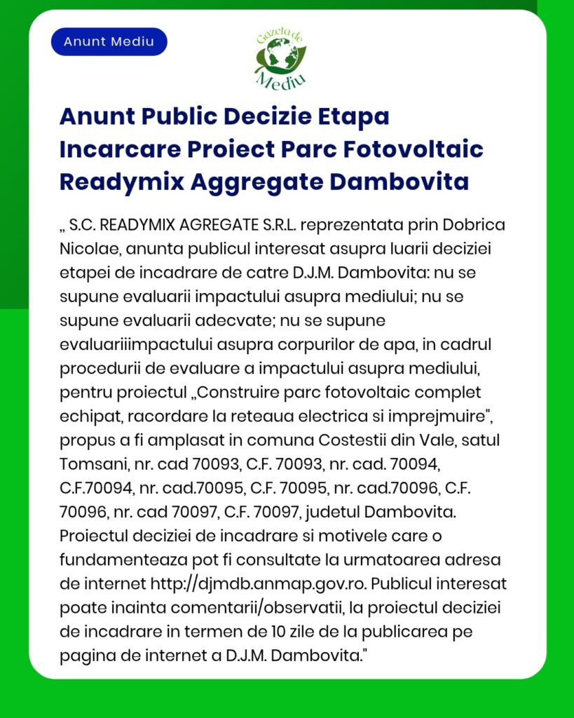 Anunt Public Decizie Etapa Incarcare Proiect Parc Fotovoltaic Readymix