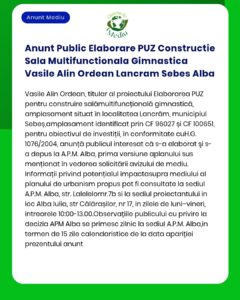 Anunt Public Elaborare PUZ Constructie Sala Multifunctionala Gimnastic