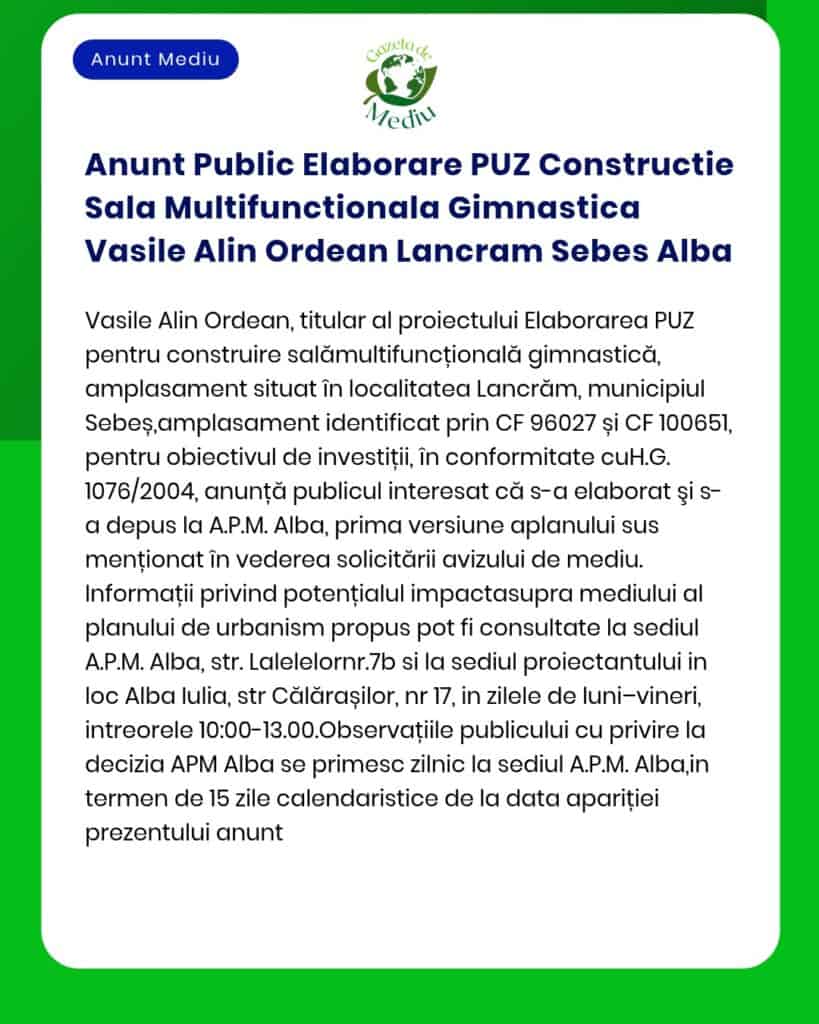 Anunt Public Elaborare PUZ Constructie Sala Multifunctionala Gimnastic