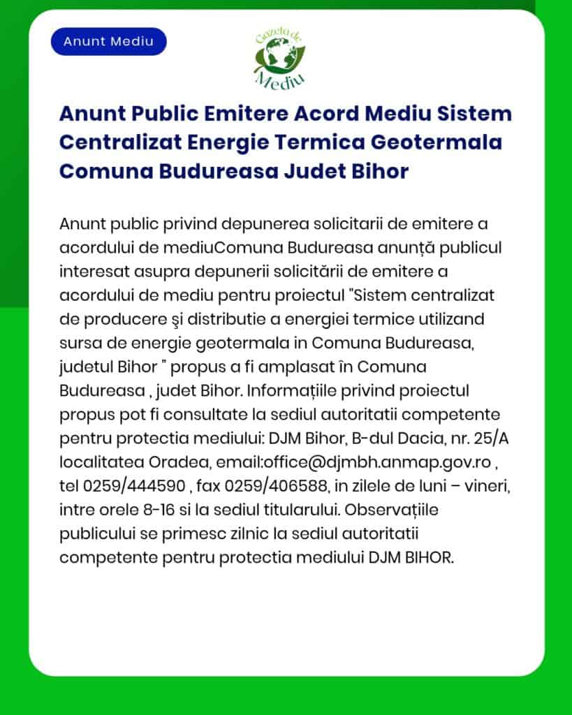 Anunt Public Emitere Acord Mediu Sistem Centralizat Energie Termica Ge