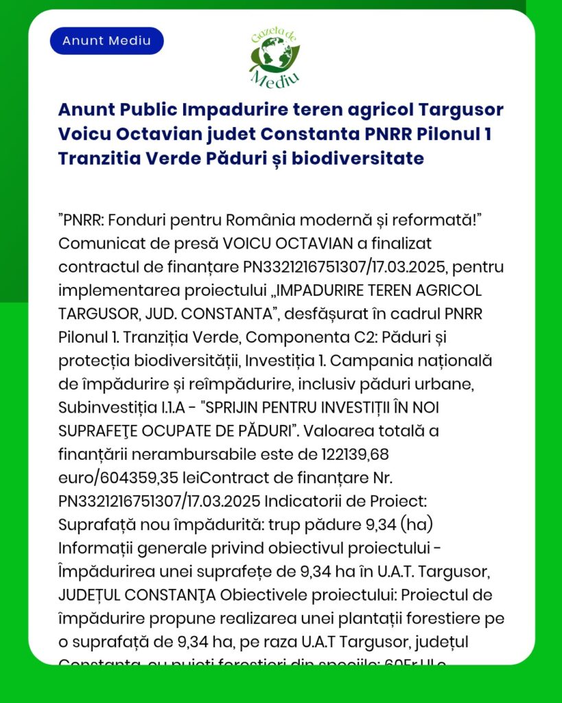 Anunt Public Impadurire teren agricol Targusor Voicu Octavian judet Co