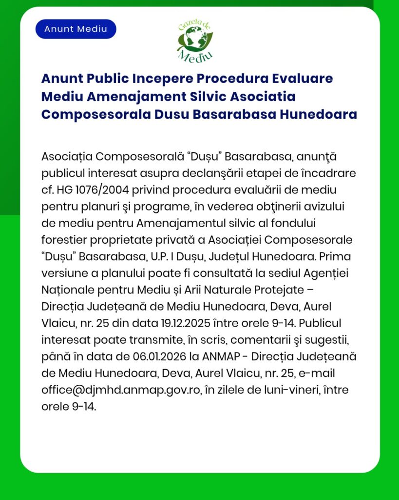 Anunt Public Incepere Procedura Evaluare Mediu Amenajament Silvic Asoc