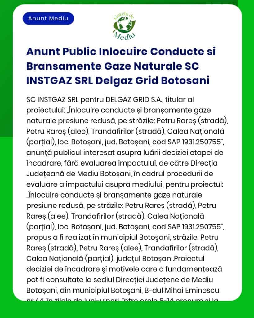 Anunt Public Inlocuire Conducte si Bransamente Gaze Naturale SC INSTGA