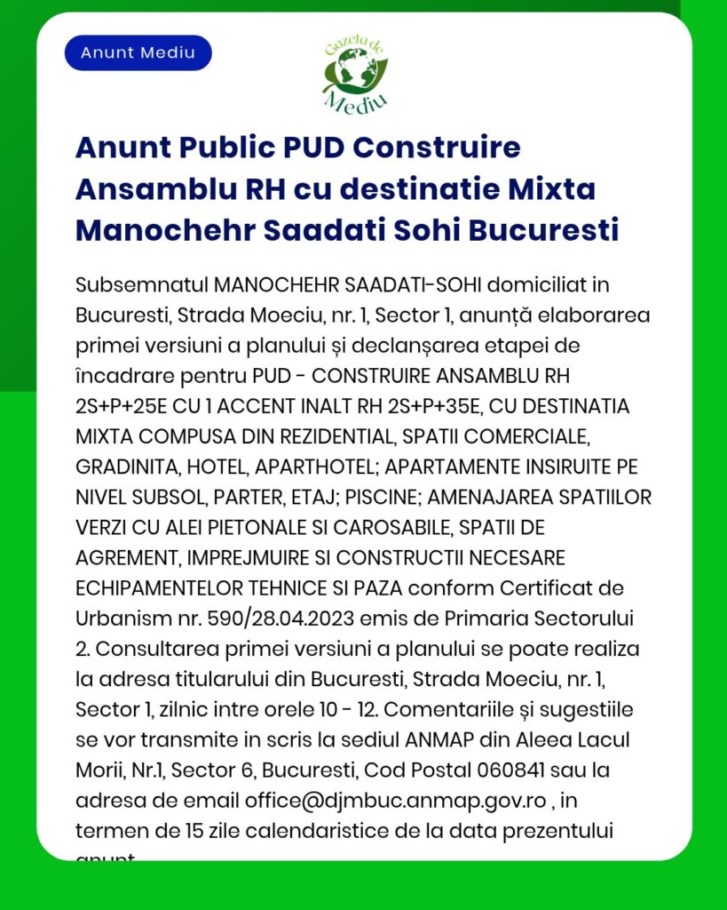 Anunt Public PUD Construire Ansamblu RH cu destinatie Mixta Manochehr