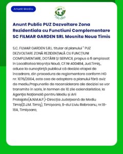 Anunt Public PUZ Dezvoltare Zona Rezidentiala cu Functiuni Complementa