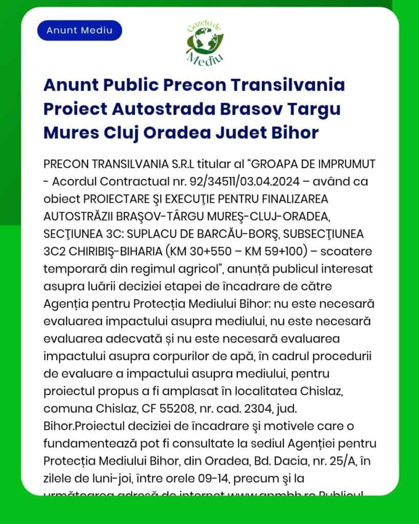 Anunt Public Precon Transilvania Proiect Autostrada Brasov Targu Mures