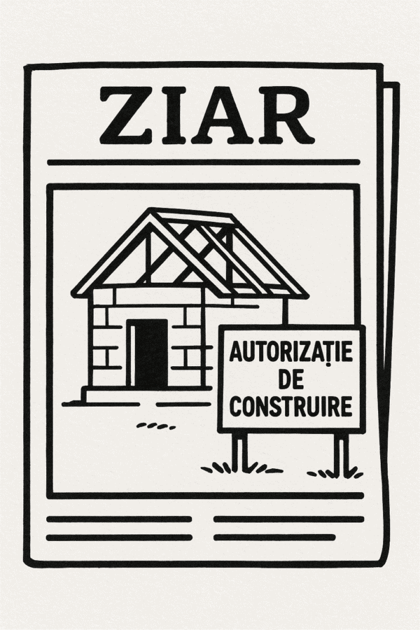 Anunt Ziar Autorizatie de Construire cu desen casă în construcție și semn "Autorizație de construire".