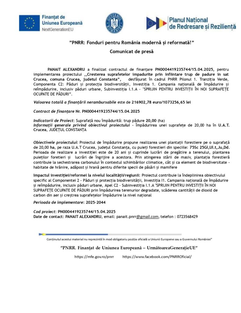 Finalizarea proiectului Impadurire Crucea Constanța, parte din Tranziția Verde și Investitie PNRR; obiective, finanțare, beneficiari.