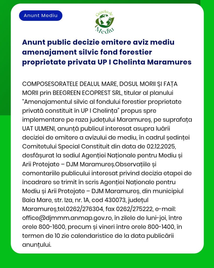 Anunt public decizie emitere aviz mediu amenajament silvic fond forest