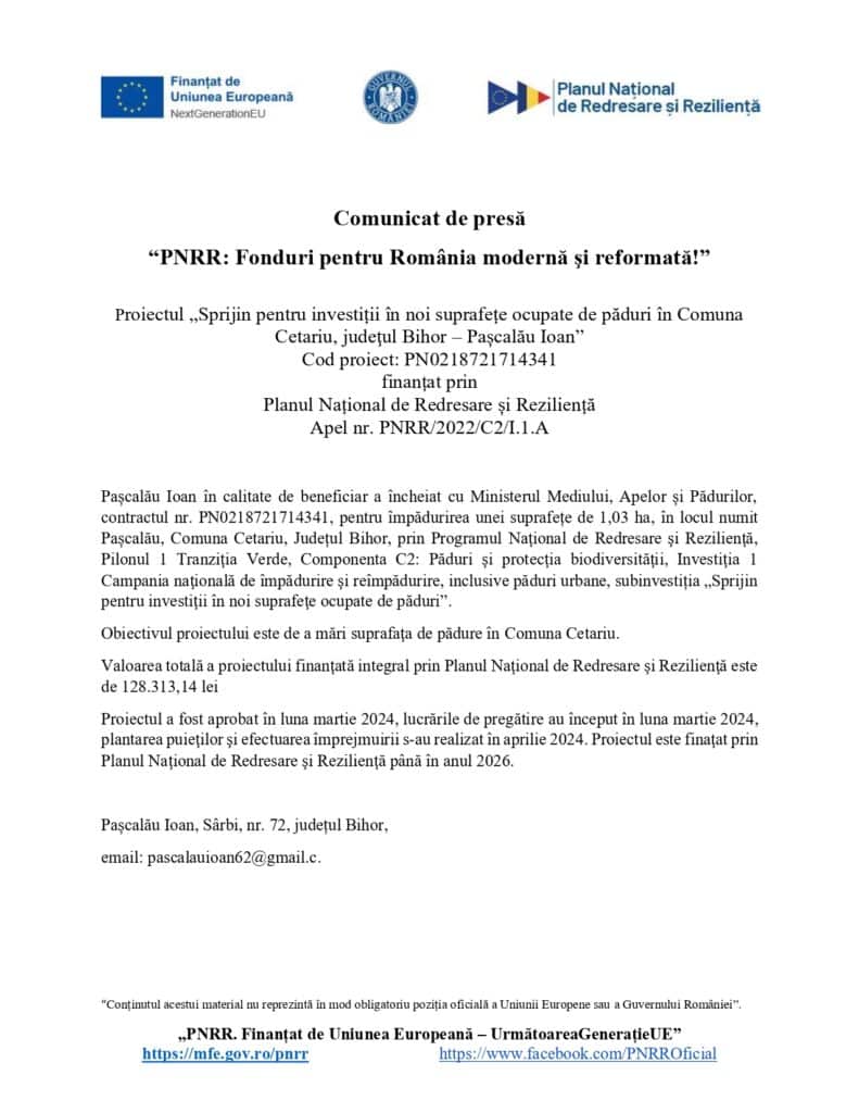 Finanțare investiții noi păduri în Cetariu, Bihor prin PNRR, inițiativă susținută de Pașcalău Ioan.