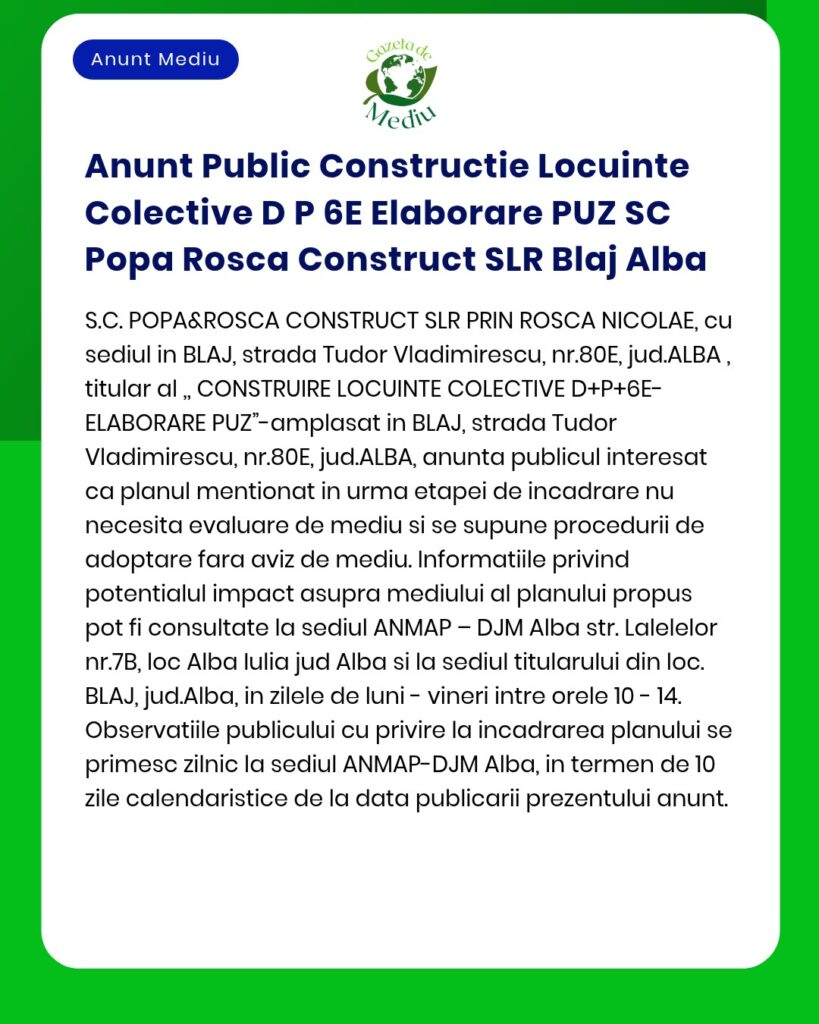 Anunt Public Constructie Locuinte Colective D P 6E Elaborare PUZ SC Po