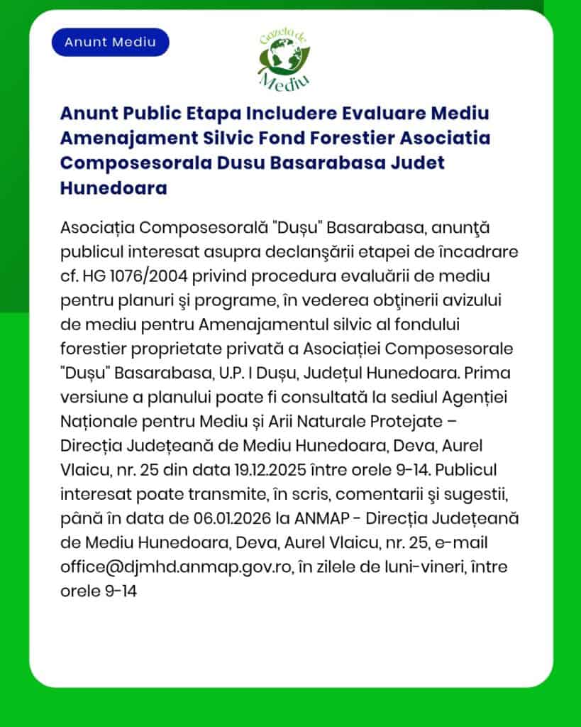 Anunt Public Etapa Includere Evaluare Mediu Amenajament Silvic Fond Fo
