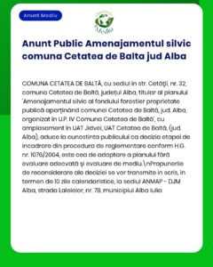 Anunț despre planul de amenajament silvic pentru zona Cetatea de Baltă, cu detalii procedurale și implicarea APM.