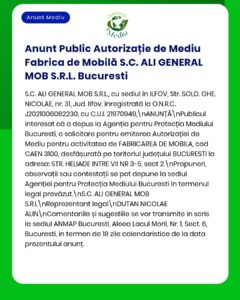 Anunț autorizare de mediu emis pentru SC ALI GENERAL MOB SRL, fabrică de mobilier în Ilfov, București.