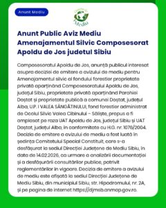 Anunț privind decizia de gestionare forestieră pentru proprietatea Composesoratul Apoldu de Jos, județul Sibiu.