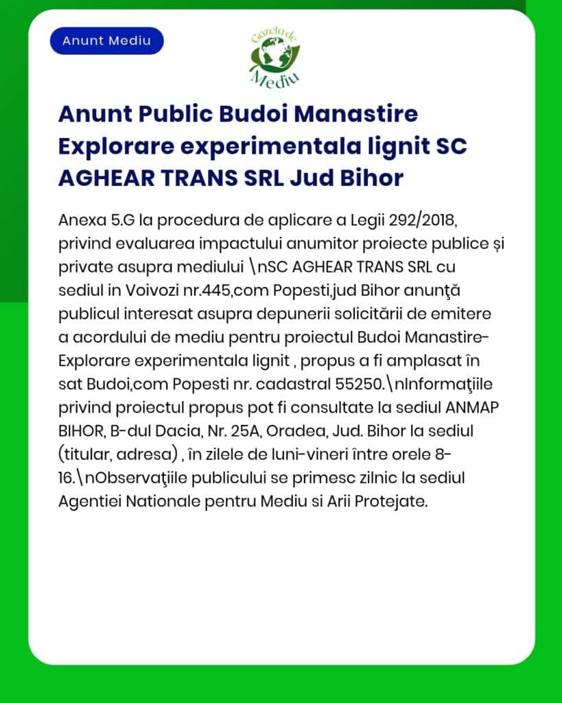 Anunț privind evaluarea impactului asupra mediului pentru explorarea lignitului de către SC AGHEAR TRANS SRL în Budoi, Bihor.