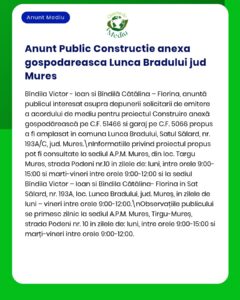 Anunț privind proiect de construcție în Lunca Bradului, jud. Mureș, cu detalii despre locații și numere de avize ale APM.