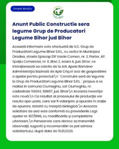 Informare privind construirea unei sere pentru Grupul Producătorilor de Legume din Bihor, cu detalii de proiect și referințe legale.