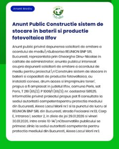 Anunț privind construirea unui sistem de stocare și produs fotovoltaic în Ilfov, cu detalii procedurale.