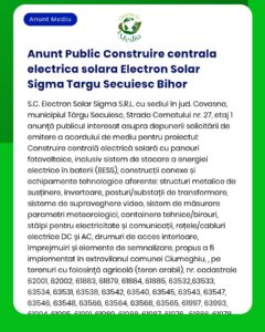 Proiect pentru construire centrală solară cu depozitare baterii și infrastructură aferentă în Târgu Secuiesc, Bihor.