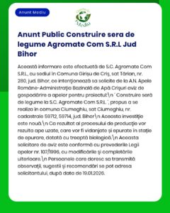 Anunț construcție seră legume de S.C. Agromate Com S.R.L. în Bihor, cu detalii proiect.