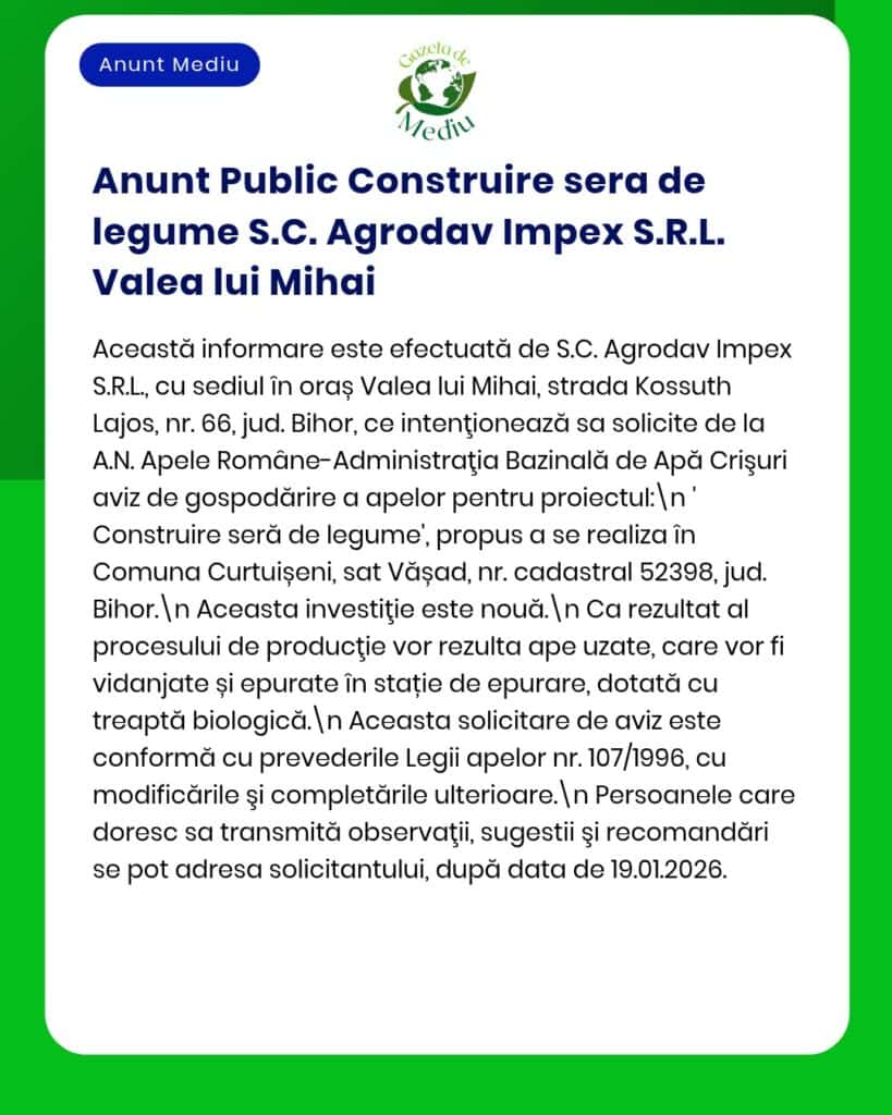 Agrovad Impex S.R.L. anunță intenția de construire seră legume în Valea lui Mihai, Bihor, solicitând aviz de mediu la APM.