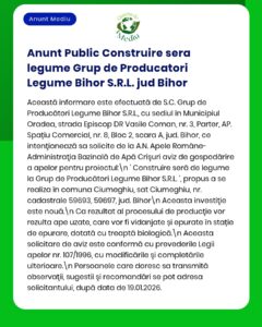 Informare despre construcția unei sere de legume de Grup de Producători Legume Bihor S.R.L. în județul Bihor.