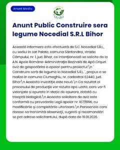 Noceidal S.R.L. Bihor solicită autorizație de gospodărire a apelor pentru construirea unei sere în Climeghiu, 19.01.2022.