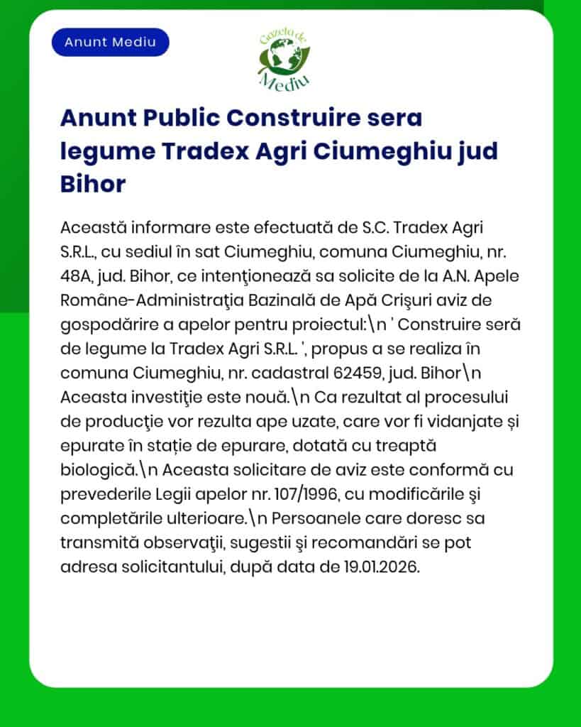 Anunț despre construirea unei sere de legume în Ciumeghiu, Bihor, cu detalii despre proiect și termene-limită.