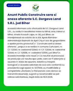 Informare privind construirea unei sere și anexe de către S.C. Dergava Land S.R.L. în Bihor, cu detalii de amplasament și proceduri administrative.