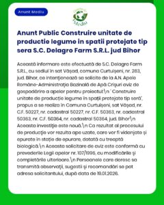 Anunț Delagro Farm S.R.L. despre construirea unității legumicole protejate Curțeișoara, Bihor, detalii proiect și parcele teren.