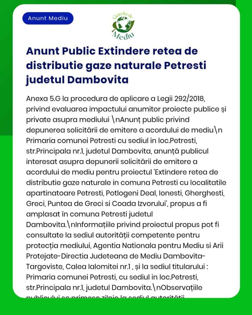 Extinderea rețelei de distribuție gaze naturale în Petrești, județul Dâmbovița, cu detalii despre zonele implicate.