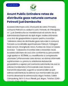Anunț privind extinderea rețelei de gaze naturale în comuna Petrești, Dâmbovița, cu localitățile afectate și informații legale.
