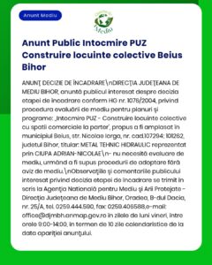 APM anunță decizia privind un plan urbanistic pentru spații comerciale în Beiuș, Bihor.