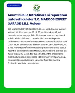 Anunț privind serviciile de întreținere și reparații auto oferite de S.C. MARCOS EXPERT GARAGE S.R.L. Vulcan.