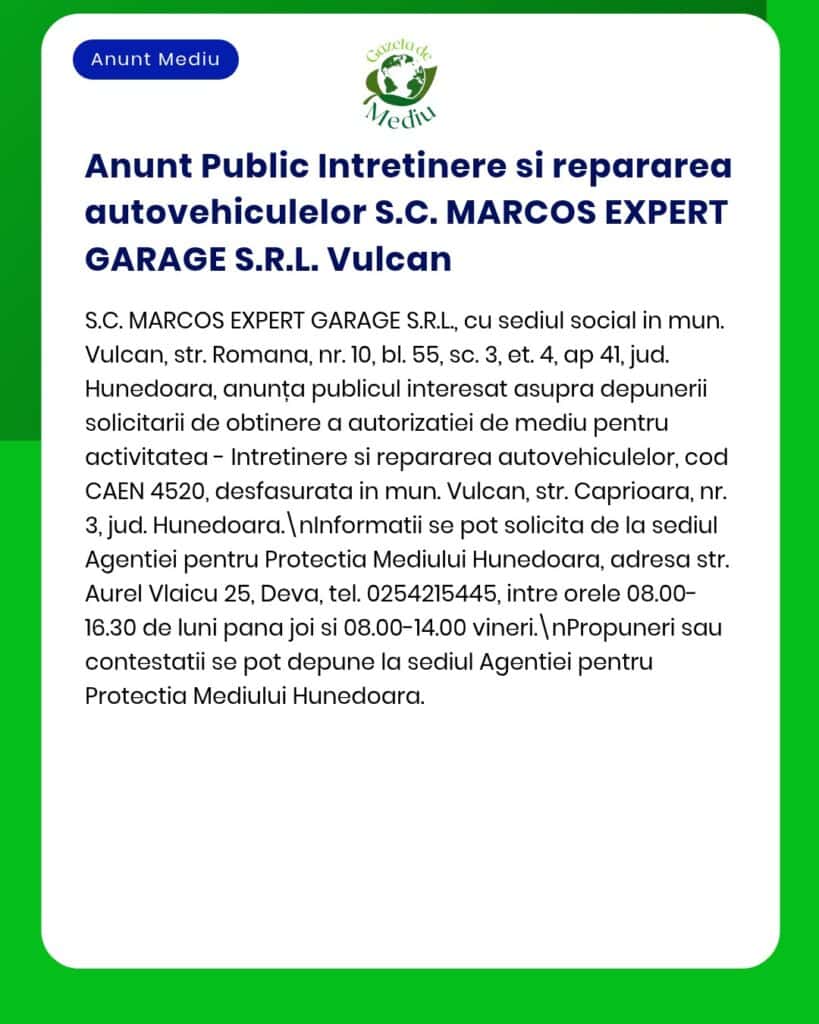 Anunț privind serviciile de întreținere și reparații auto oferite de S.C. MARCOS EXPERT GARAGE S.R.L. Vulcan.