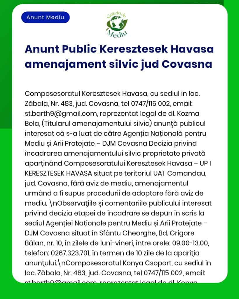 Anunț privind exproprierea de terenuri pentru interes public în Covasna, cu referințe la APM.