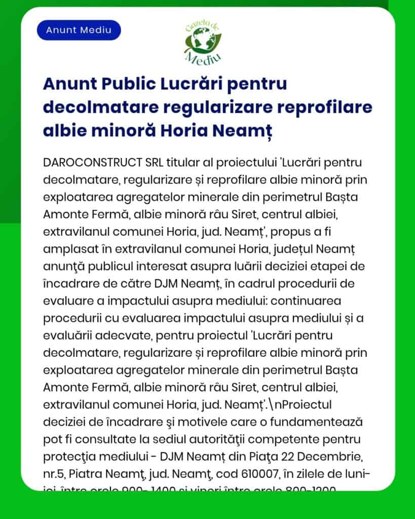 Lucrări planificate de regularizare și reprofilare a albiei râurilor minore în județul Neamț, România, de către DARO CONSTRUCT SRI.