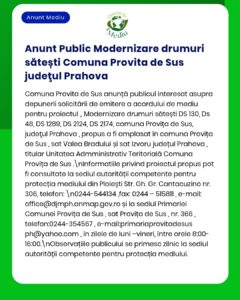 Proiect public de modernizare a drumurilor în Provita de Sus, județul Prahova, România.