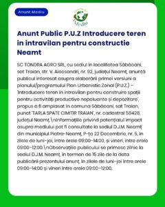 Anunț digital privind introducerea de teren pentru urbanism în Neamț, cu detalii despre proiect și locație.