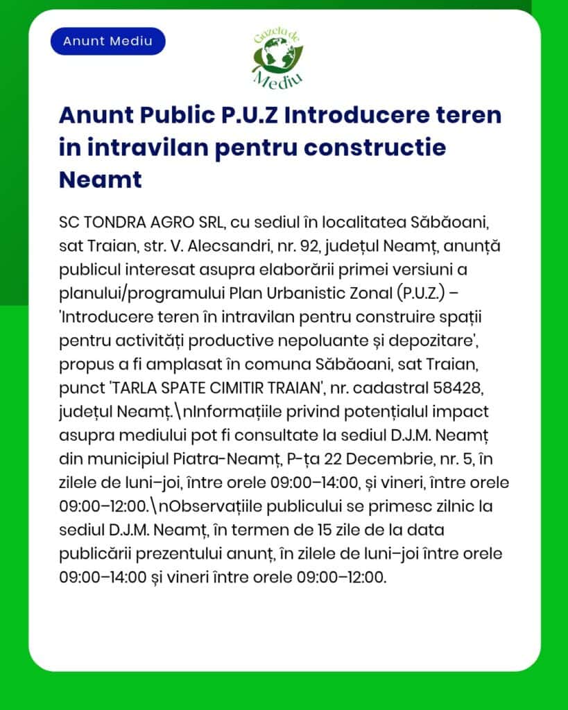 Anunț digital privind introducerea de teren pentru urbanism în Neamț, cu detalii despre proiect și locație.