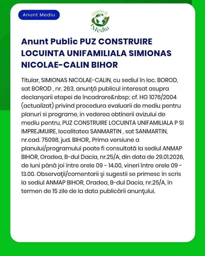 Plan de construire ansamblu rezidențial în Sânmartin, Bihor, detalii despre consultarea documentației și transmiterea opiniilor.