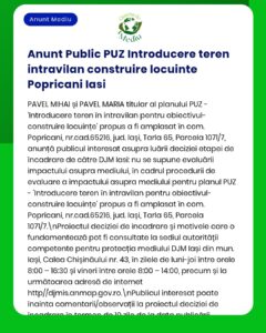 Propunere introducere terenuri pentru construcții de locuințe în Popricani, Iași, cu număr de parcelă specificate.