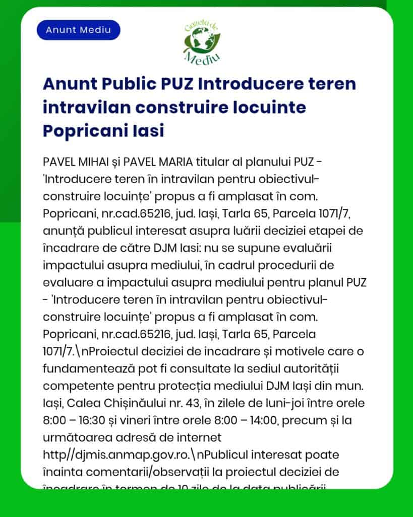 Propunere introducere terenuri pentru construcții de locuințe în Popricani, Iași, cu număr de parcelă specificate.