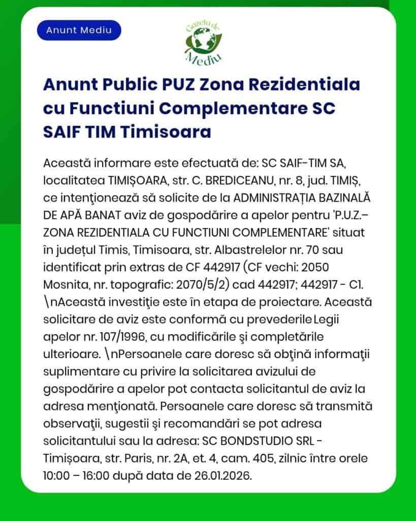 Cerere PUZ rezidențial Timișoara, depusă de SC SAIF-TIM SA, include date de localizare și numere cadastrale.